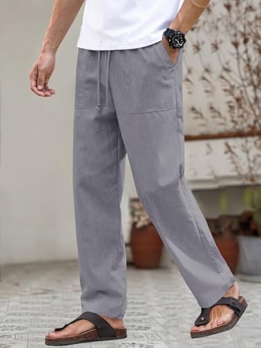 Image of Linen Pant for man | Loose Fit Trouser for Men | Elastic Waist with Drawstring | Perfect for Casual Wear | Lightweight Breathable Fabric | Straight Fit & Side Pocket