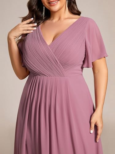 Image of Ever-Pretty Plus Summer Short Sleeves V-Neck Formal Wedding Guest Dresses for Curvy Women Chiffon Midi Cocktail Party Dress