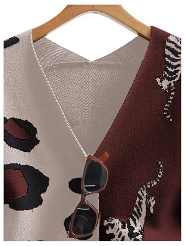 Image of WDIRARA Women's Leopard Tiger Print Cardigan V Neck Long Sleeve Color Block Button Down Sweater Outwear