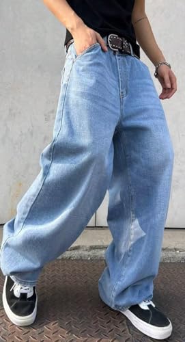 Image of HUNGSON Mens Baggy Jeans for Men Women Y2k Skater Vintage Plain Pants Casual Wide Leg Jeans Loose Fit Denim Jeans