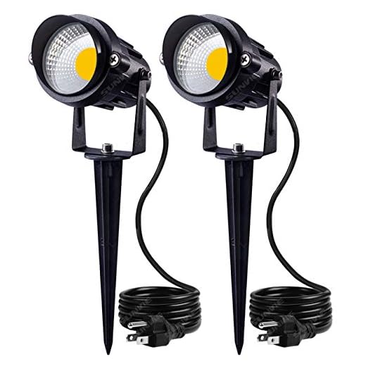 SUNVIE Outdoor Landscape LED Lighting 12W Waterproof Garden Lights COB Led Spotlights with Spiked Stand for Lawn Decorative Lamp US 3- Plug 3000K Warm White (2 Packs)