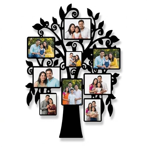 Image of MUSHA Personalized Family Tree Photo Frame | 9 Photo Customized Wall Collage | 12x18 Inch 6mm MDF | Send Photos We Print | Anniversary Housewarming Gift