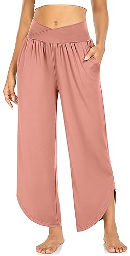 Image of TARSE Women's Wide Leg Yoga Pants Cross High Waist Flowy Split with Pockets | Comfy Lightweight Stretch, Flare Hem Cropped, Loose Dance Pants, Travel & Lounge, Everyday Casual Wear
