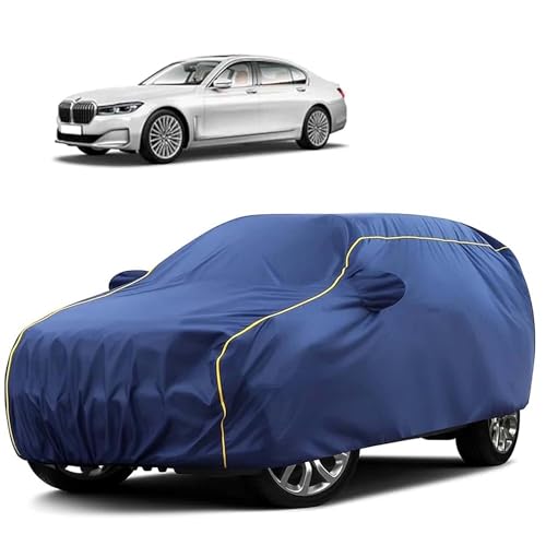 Image of Sulfar 100% Water Resistant Car Body Cover Compatible with Mirror for BMW 7 Series (Triple Stitched, Full Bottom Elastic, Blue Tafetta with Yellow Piping)