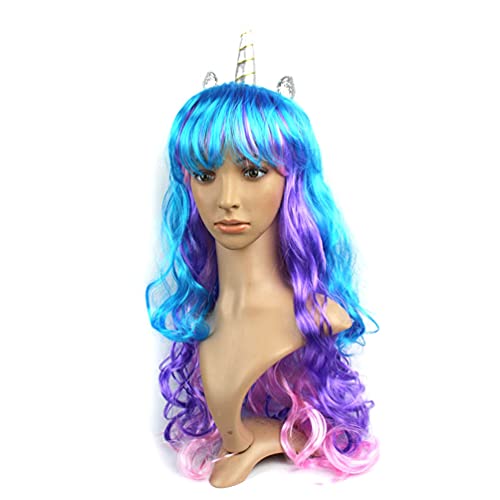 Akiimy Unicorn Wigs With Bangs Cosplay Headpiece Rainbow Ponytail Long Curly Wavy Hair For Christmas/Halloween Party,Cosplay Wig