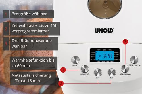UNOLD 68520 BACKMEISTER Big White für bis zu 1.500g Brot, mit 15 Programmen für glutenfreies Brot, Timerfunktion, Waremhaltefunktion… – Ansicht 2