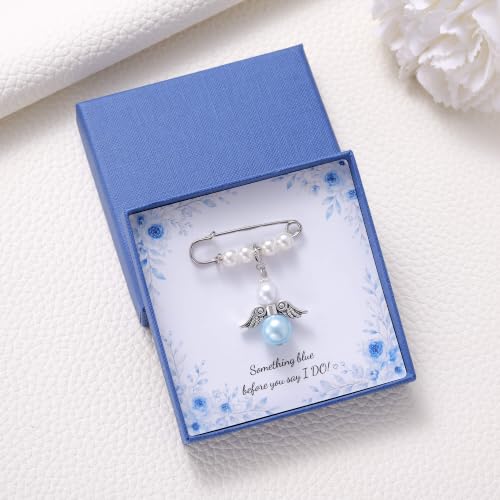 Image of MIXJOY Something Blue Gift for Bride, Wedding Day Bridal Blue Pearl Angel Wings Bouquet Garter Charm for Bride to Be
