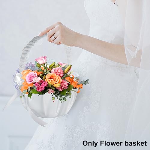 Elegant Satin Wedding Flower Girl Basket With Bowknot Satin Bowknot Flower Baskets Pearl CollectionWedding Ceremony Decor Wedding Party Decoration(white) - Thumbnail 3