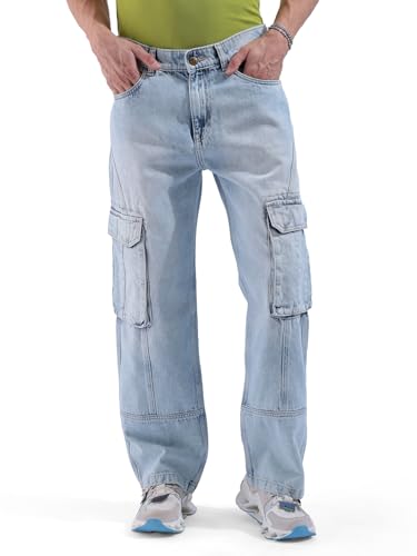 Image of The Indian Garage Co Men Relaxed Fit Solid Mid-Rise Cargo Denim