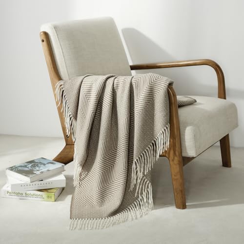 Image of CREVENT 50 inchX60 inch Farmhouse Breathable Soft and Warm Classic Throw Blanket for Sofa Couch Bed, Faux Cashmere Home Decoration Throw with Tassles (Coffee)
