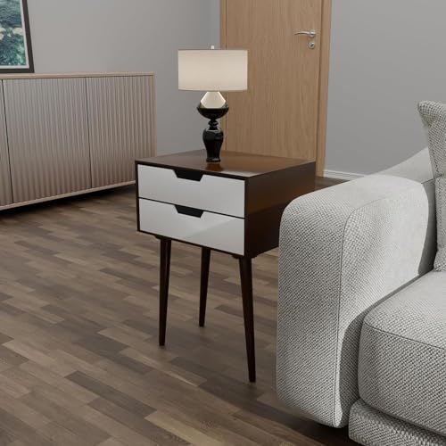 Image of Night Stand,End Table for Bed Nightstand with Drawers, Side Table with Storage, Solid Wood Table Legs,A Shaped Suitable for Small Spaces, Living Room, Bedroom, White (Brown White)