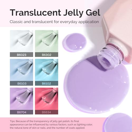 Image of MelodySusie Jelly Gel Nail Polish Set,6 Transparent Colors,Jelly Texture,Pastel Sea Breeze Colors Soak Off UV LED Light Cure or Salon Manicure and Nail Art DIY at Home