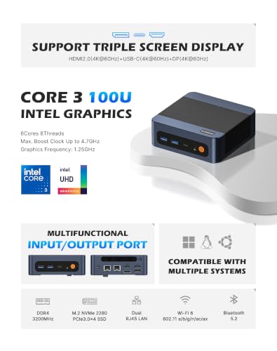 Image of BOSGAME E7 Mini PC, Intel Core 3 100U 16GB DDR4 512GB PCIe SSD | 6C /8T, up to 4.7GHz, Wi-Fi 6 / BT 5.2 / Dual RJ45 LAN, Win 11 Pro 4K Triple Display Mini Computers for Office /Home