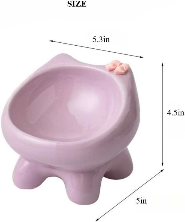 Cute Cat Food and Water Bowl Two Piece Set Pet Utensils Handmade Ceramic Tall Bowl 2 Color Set Matching (Pink+Blue)