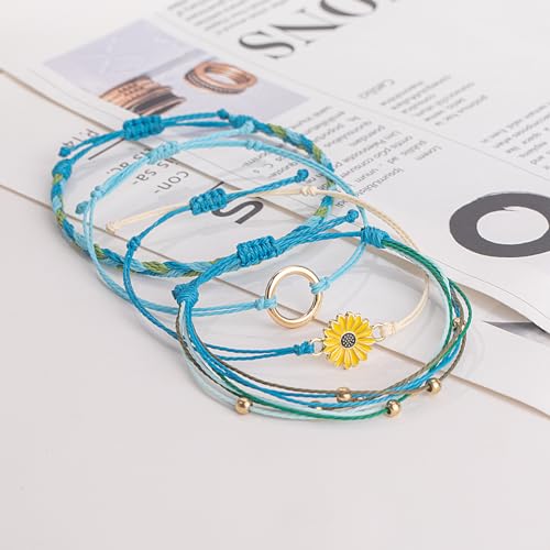 Image of Stackable Sunflower String Bracelets Cute Boho Braided Summer Beach Jewelry