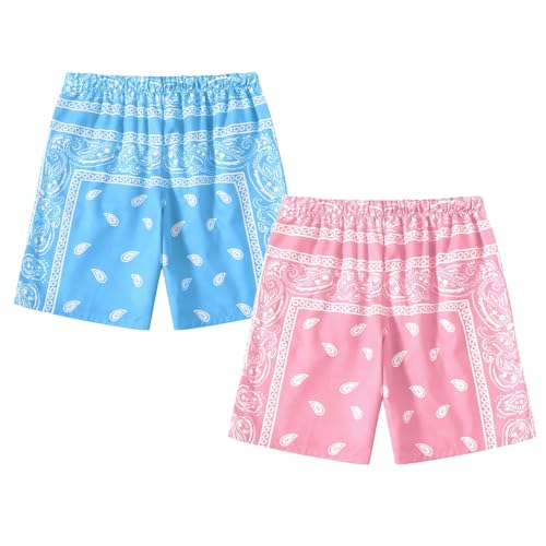Boy's 2 Pack Summer Boho Paisley Print Shorts Kids Drawstring High Waisted Graphic Bandana Shorts with Pocket2