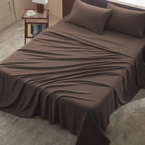 Image of Twin Size 4 Piece Sheet Set - Comfy Breathable & Cooling Bed Sheets Set, Soft and Wrinkle Free, Deep Pockets, Easy & Secure Fit, Hotel Luxury Bedding - Oeko-Tex - Dark Brown