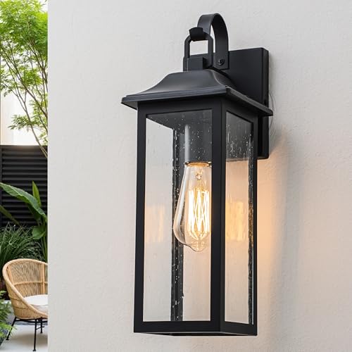 RVsmattly 17-Inch Matte Black Outdoor Wall Lantern with Clear Seeded Glass