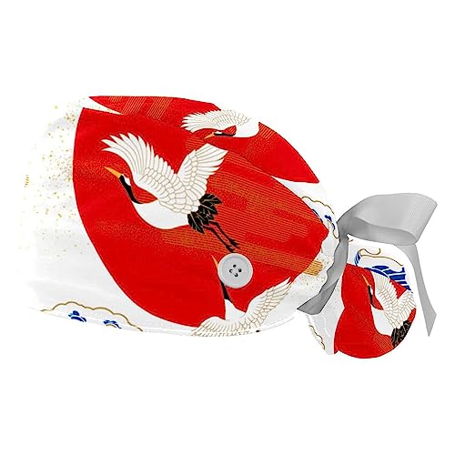 Lot de 2 bonnet bouffant avec bandeau anti-sueur réglable imprimé grues japonaises