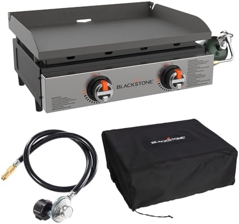 Blackstone 22" Omnivore Tabletop Outdoor Griddle Travel Bundle - Dual Stainless Steel H-Burners, 24,000 BTUs - Includes Propane Adapter and Soft Cover