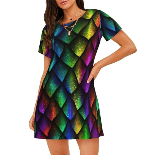 Chemise de nuit manches courtes motifs écailles dragon pour femme en satin doux