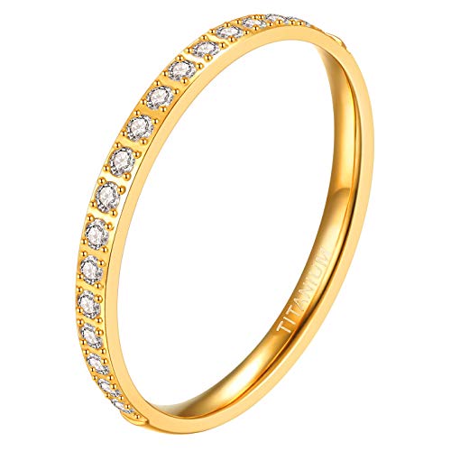 TIGRADE 2mm Women Titanium Eternity Ring Half Cubic Zirconia Anniversary Wedding Engagement Band (gold, 4)