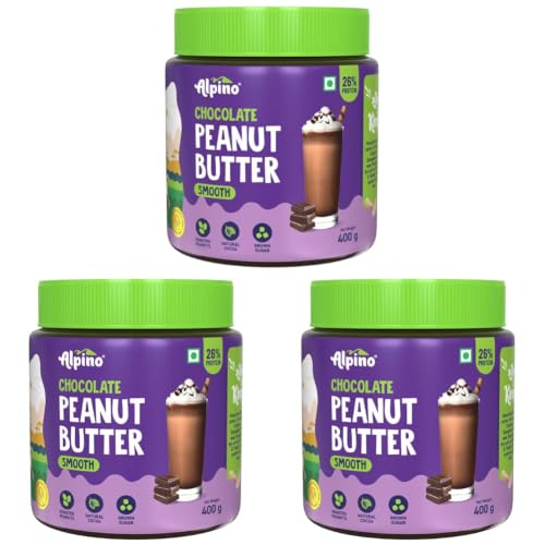 Image of ALPINO Chocolate Peanut Butter Smooth - Roasted Peanuts, Chocolate Paste, Brown Sugar & Sea Salt - 26g Protein, Gluten Free - Plant Based Peanut Butter Creamy (400 G) (Pack of 3)
