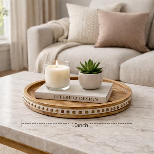 Image of Round Wooden Serving Tray for Dining Table | Decorative Mango Wood Tray for Snacks, Coffee & Table Decor | Handmade Kitchen & Living Room 10 inches White