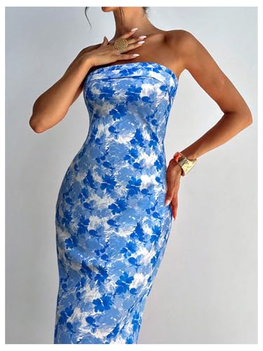 Image of Milumia Women's Boho Floral Tube Dress Wedding Guest Strapless Backless Bodycon Cocktail Summer Long Dresses