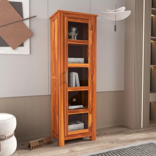 Image of Solid Sheesham Wood Display Cabinet with Acrylic Glass Door | Wooden Bookshelf & Bookcase Storage Cabinet for Living Room, Home Office & Bedroom