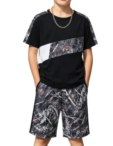Kuwnrder Boys clothes Set 6-14 Years Camo Stitching Short Sleeve T-Shirt and Camo Athletic Shorts 2-Piece Outfit for Boy