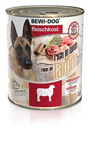 BEWI DOG Fleischkost reich an Lamm [800 g] Dose | Nassfutter für Hunde | getreidefrei | sortenrein | Muskelfleisch & Innereien mit fester Fleischstruktur | 6 x 800 g