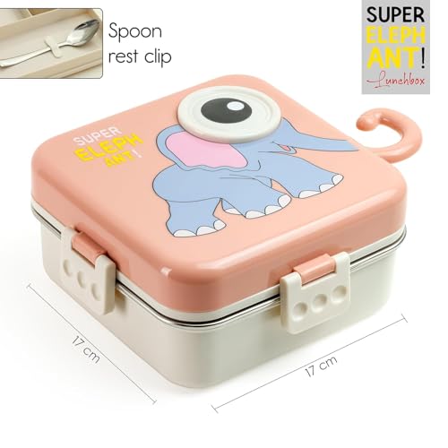 Image of PRIME DEALS BPA-Free Leak-Resistant Stainless Steel Insulated Tiffin for School with Spoon Elephant Lunch Box for Kids Bento Box with Tray & Container | 1120ml + 70ml (Pink, Elephant)