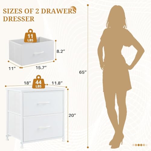 Image of Nightstand, Small 2 Drawer Dresser Side Table, Bedside Storage Furniture with Wooden Top Fabric Bins for Bedroom, Closet, Dorm, 11.8 inch D x 18 inch W x 20 inch H, Cream White