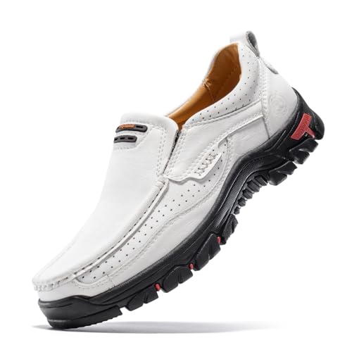 FLYLAND Men's Fashion Slip On Loafers Vintage Classical Leather Ankle Boots Handmade Chukka Boots Daily Casual Work Office Shoe Driving Shoes White Color US 12.5