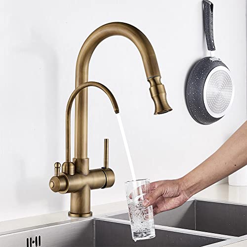Antikmessing 3-Wege-Küchenarmatur – Zweigriff-Trinkwasserfilter für Warm- und Kaltwasser für optimale Filtration und stilvolles Design