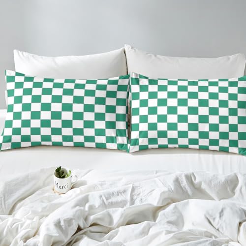 Image of Erosebridal Green Checkered Bedding Full White Emerald Green Checkerboard Sheet Set,Buffalo Plaid Grid Bed Sheets for Kids Adults Aesthetic Geometric Gingham Bed Sheet Set 4 Piece