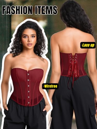 Mesh Overbust Corset Tops for Women, Lace Up Strapless Boned Corsets, Going Out Party Club Top3