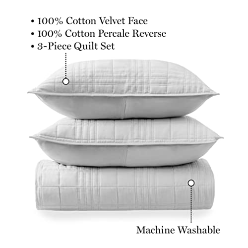 Martha Stewart Diana Velvet Grey Queen Quilt Set - 3 Piece, 100% Cotton Bedspread, Cool, Crisp Percale Weave, College Dorm Room Essentials, Soft & Lightweight Quilt, 1 Summer Quilt, 2 Pillow Shams #TOP1