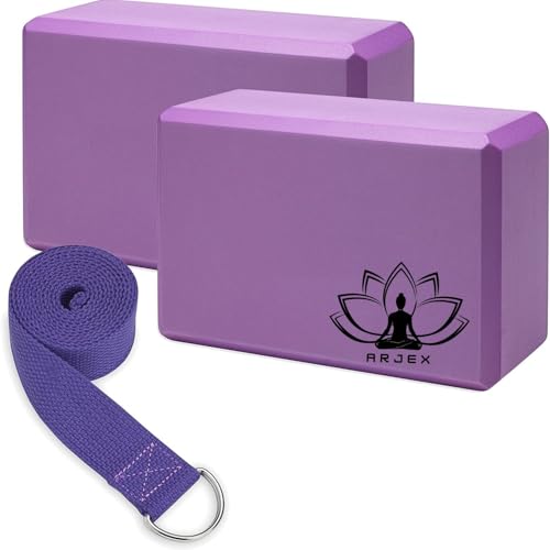 Image of Yoga Block Set of 2- Supportive Latex-Free Eva Foam - Soft Non-Slip Surface with Beveled Edges for Yoga, Pilates, Meditation - Yoga Accessories for Stability, Balance, Deepen Stretches (Multicolour) (Yoga Block & Strap, 9x6x4 in)