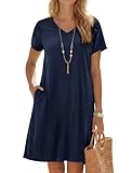 Enmain Vestido Lino Verano Mujer Manga Corta Escote Pico Azul Marino Vestidos Mujer Casual Midi Playa con Bolsillos hasta la Rodilla sin Accesorios M