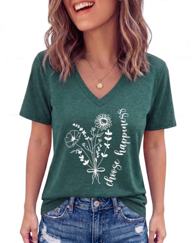 Yagsui Womens V Neck Graphic Tees Summer Vintage Short Sleeve T-Shirts Tops