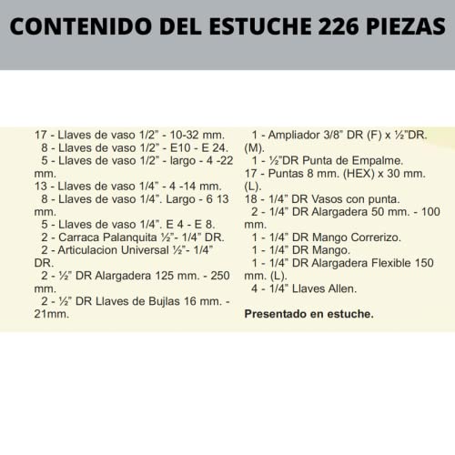 Estuche de herramientas completo de 226 piezas, incluye carracas, llaves de vaso, puntas imantadas tipo torx, allen, planas y phillips. Incluye Articulaciones universales y maletín de ordenación.