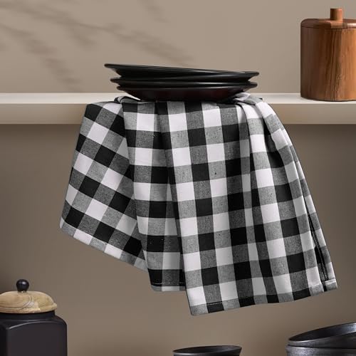 Image of 4 Pack Gingham Buffalo Check Kitchen Dish Towels 100% Cotton 16x26 Inches - Super Absorbent Quick Drying Hand Tea Towels, Restaurant Cleaning Towels with Hanging Loop, Black White
