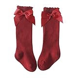 Geagodelia Bowknot hohe Socken für kleine Mädchen über den Kniestrümpfen, Cartoon süße Spitzenbogensocken, einfarbige Socken, plissierte Wärme, atmungsaktive neutrale Kniestrümpfe (Rot, M)