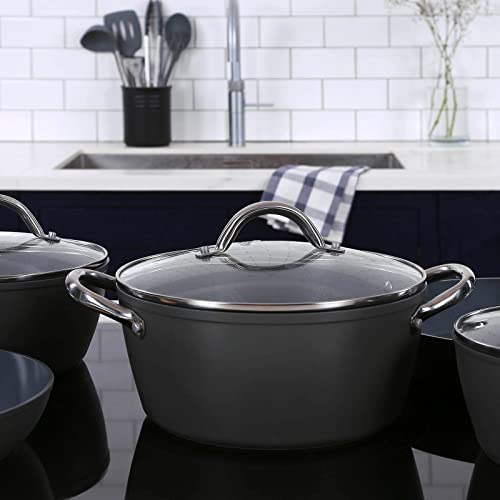 Foto von noah Der Chefkoch Premium Küchen Starter Set – Ideal für Heimumzüge und Studenten – Komplette Küchenausstattung (Schiefergraue Pfannen-Set & Steingrau Geschirr)