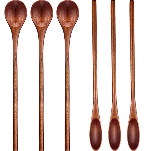 Patelai 6 Pieces Wooden Coffee Spoons Long Handle Mixing Wooden Spoon Handmade Stirring Teaspoon for Kitchen Stirring