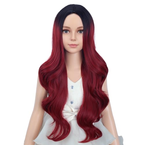 Image of PATTNIUM Long Ombre Red Wig for Kids Child Ombre Black to Red Wig Girls Middle Part Synthetic Wigs