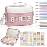 KOPKOFT Bible Cover Case for Women, Large Chenille Letter Leather Bible Case with Bible Study Accessories, Bible Study Supplies Bible Journaling Kit, Christmas Christian Gift for Women Girls (Pink)