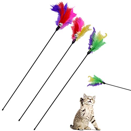 BINGPET Cat Wands Teaser Feather Toys - 3 Pcs Interactive Durable Cat Wands with Color Feather and Jingle Bell, Funny and Exerciser Wands for Indoor Kitties